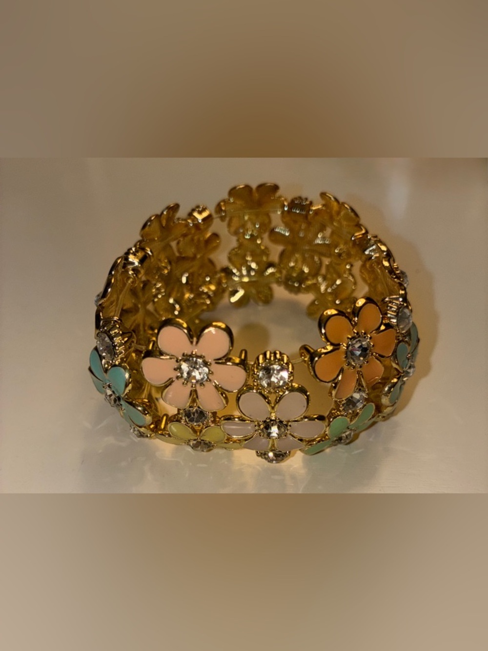 Pastel Enamel Flowers & Crystal Stretch Bracelet - Picture 4 of 6